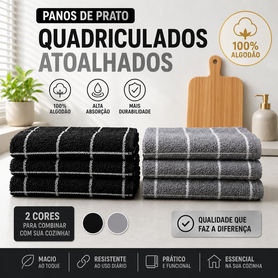 Kit 5 e 10 Pano de Prato Copa Felpudo Atoalhado 100% Algodão Quadriculado Preto e Prata