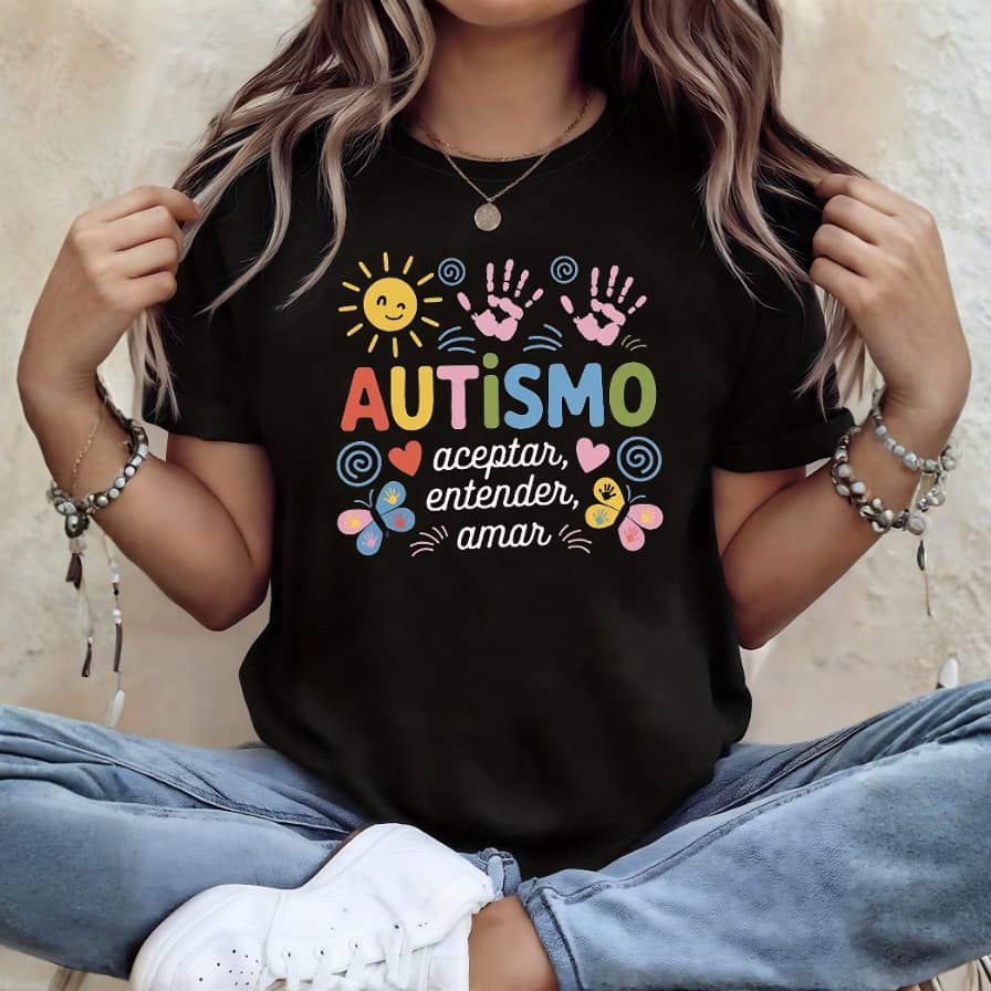 Camiseta T-Shirt Autismo  em Espanhol ''Aceptar Entender Amar'' Frase Inclusão Algodão Premium