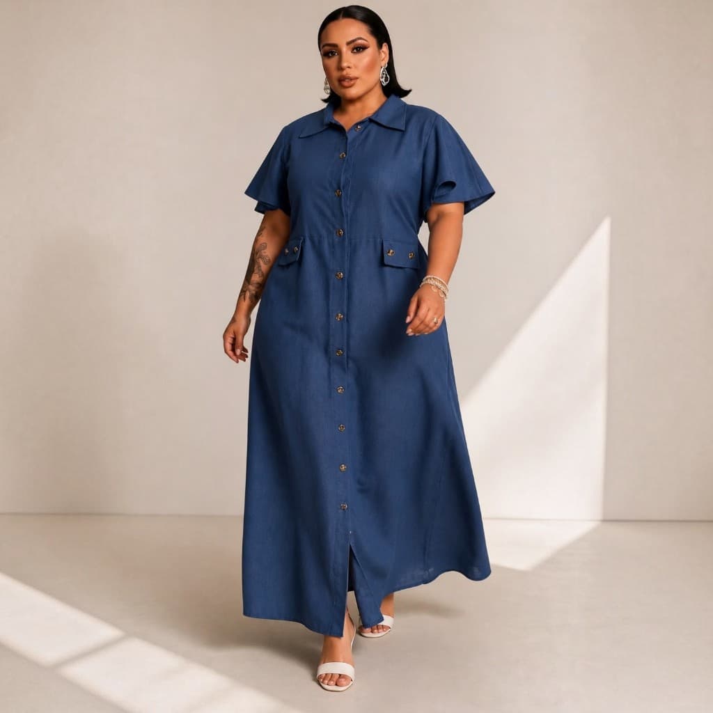 Vestido Longo Jeans Feminino Plus Size com Botões  Manga Curta  Gola Social  Moda Evangélica  Casual Elegante