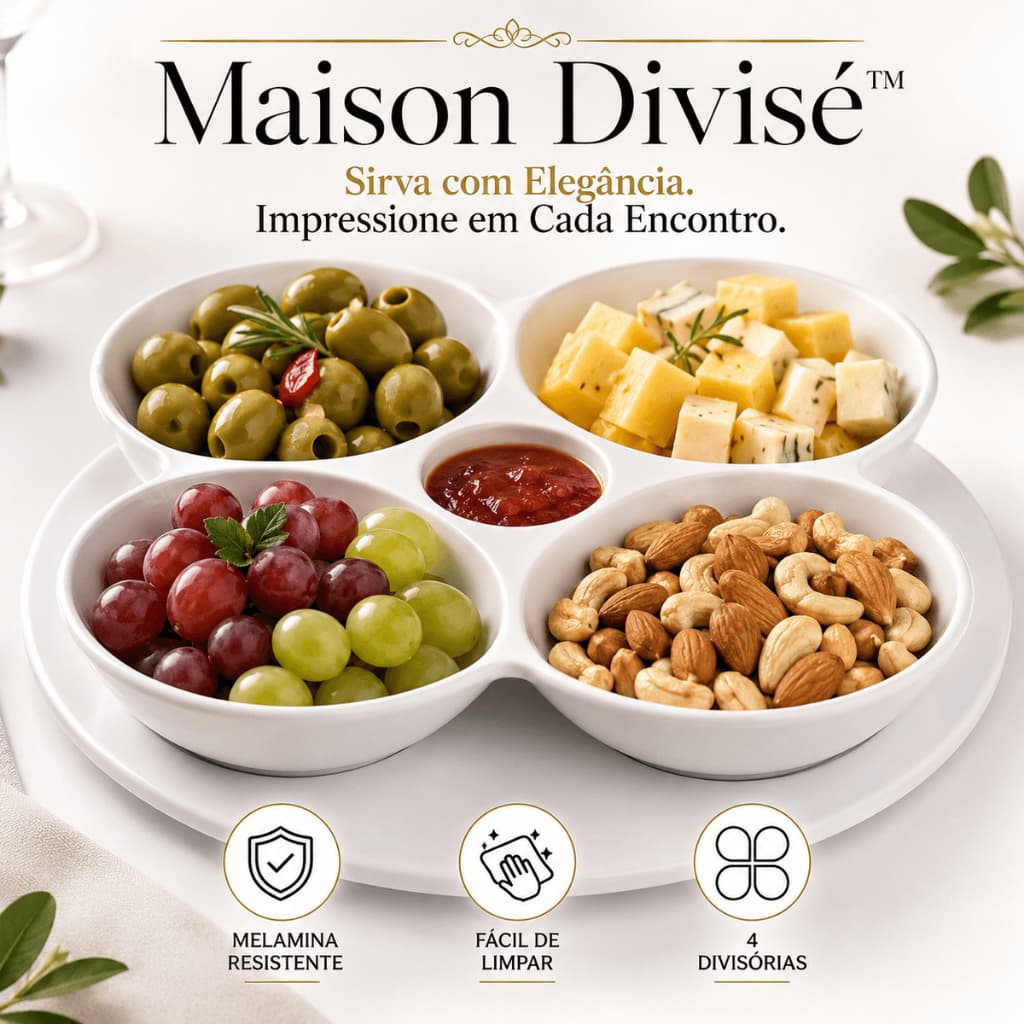 Maison Divisé™ Petisqueira em Melamina 4 Divisórias Bandeja para Petiscos Molhos Frutas Doces Queijos