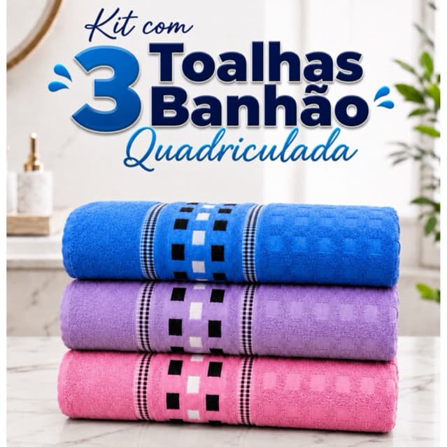 Kit com 3 Toalhas Gigante Quadriculada Banhão 100% Algodão 80cm X 1,80