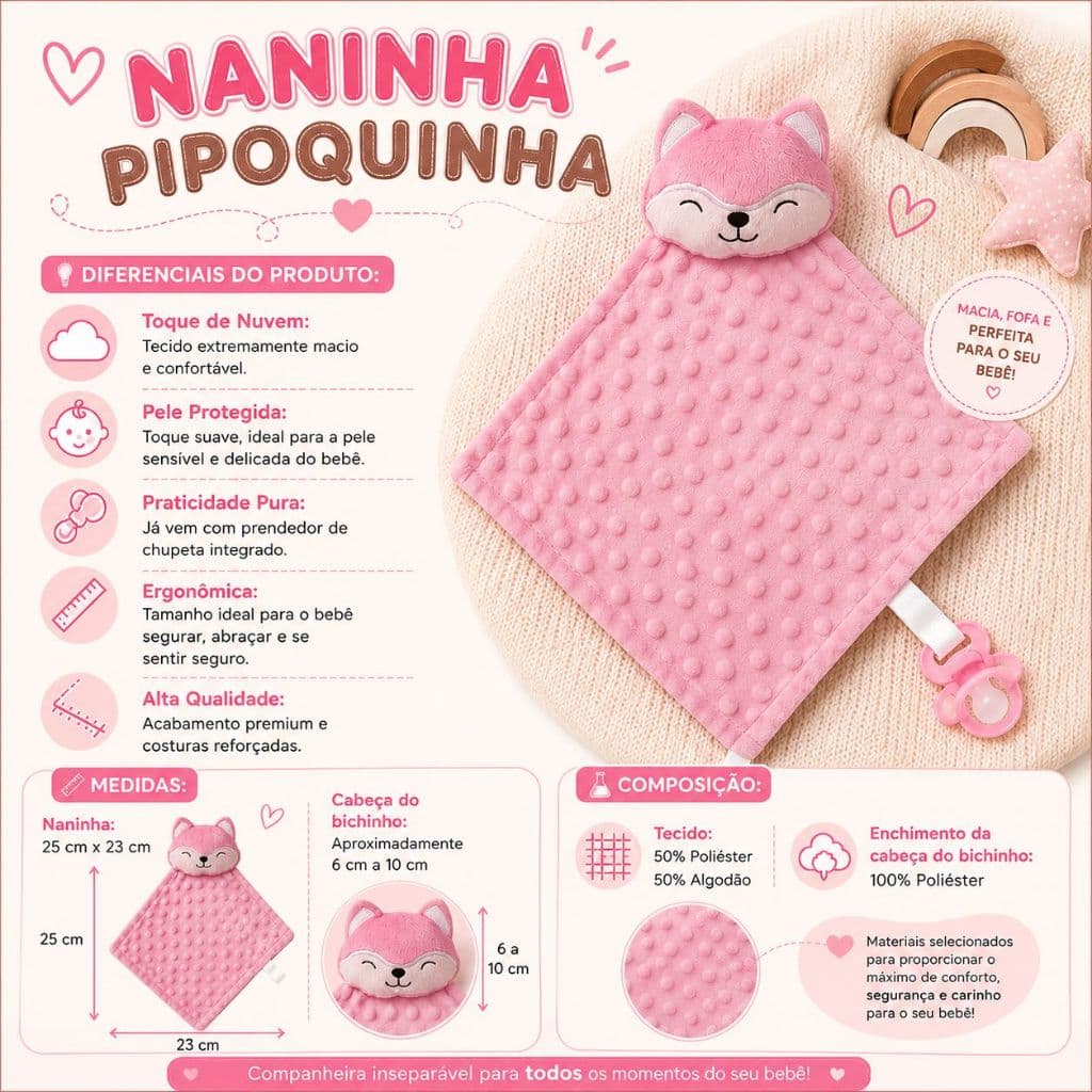 Naninha Bebê com Prendedor de Chupeta Pelúcia Pipoquinha Hipoalérgica 23x25 1 Peça