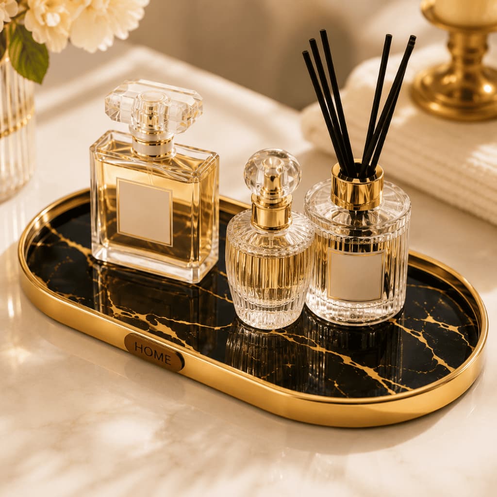 Bandeja Organizadora para Perfumes Mármore Preto com Borda Dourada Luxo