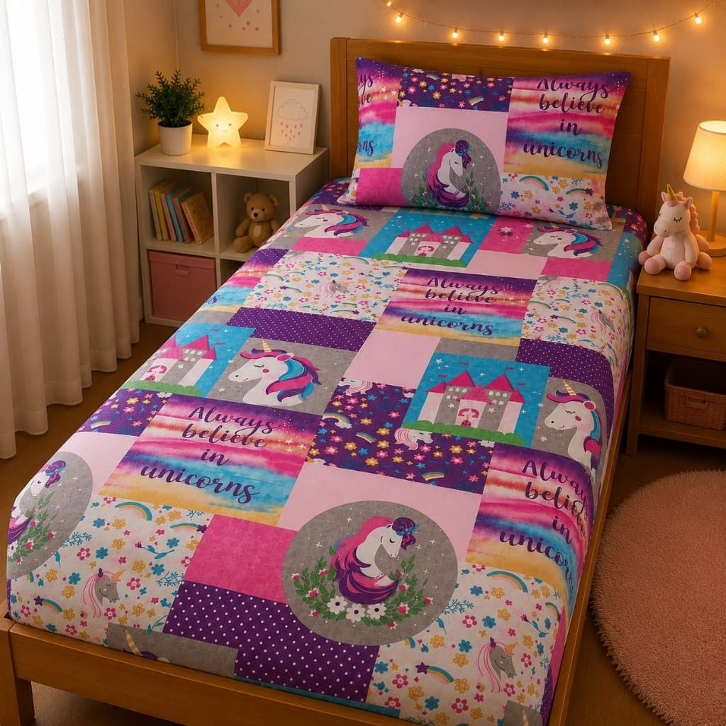 Jogo de Cama Solteiro Lençol com Elástico + Fronha Infantil Unicórnio Game - 2 peças Menino e Menina