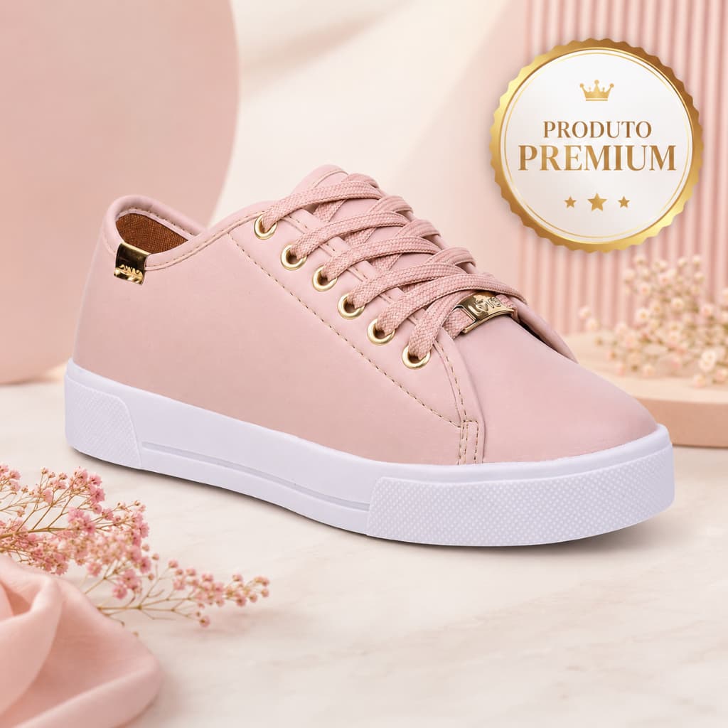 Tênis Feminino Casual Nude Leve Confortável com Cadarço Sola Branca Detalhes Dourados para Dia a Dia