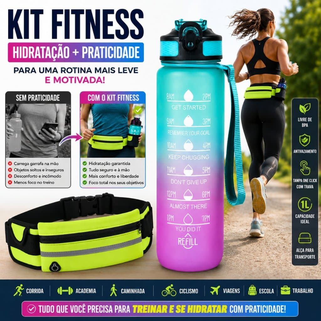 Kit Garrafa de Água Motivacional 1 Litro com Marcador de Horário Livre BPA + Pochete Fitness Corrida Academia