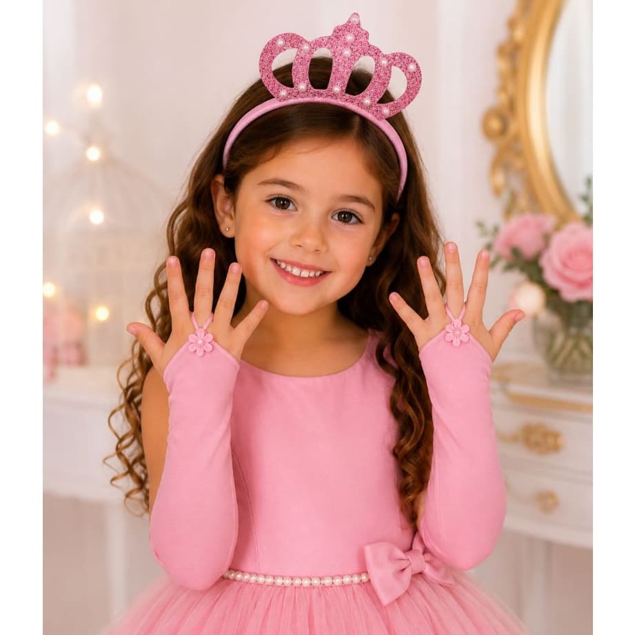 Kit Princesa Tiara Luva Infantil Fantasia Daminha Festa Coroa