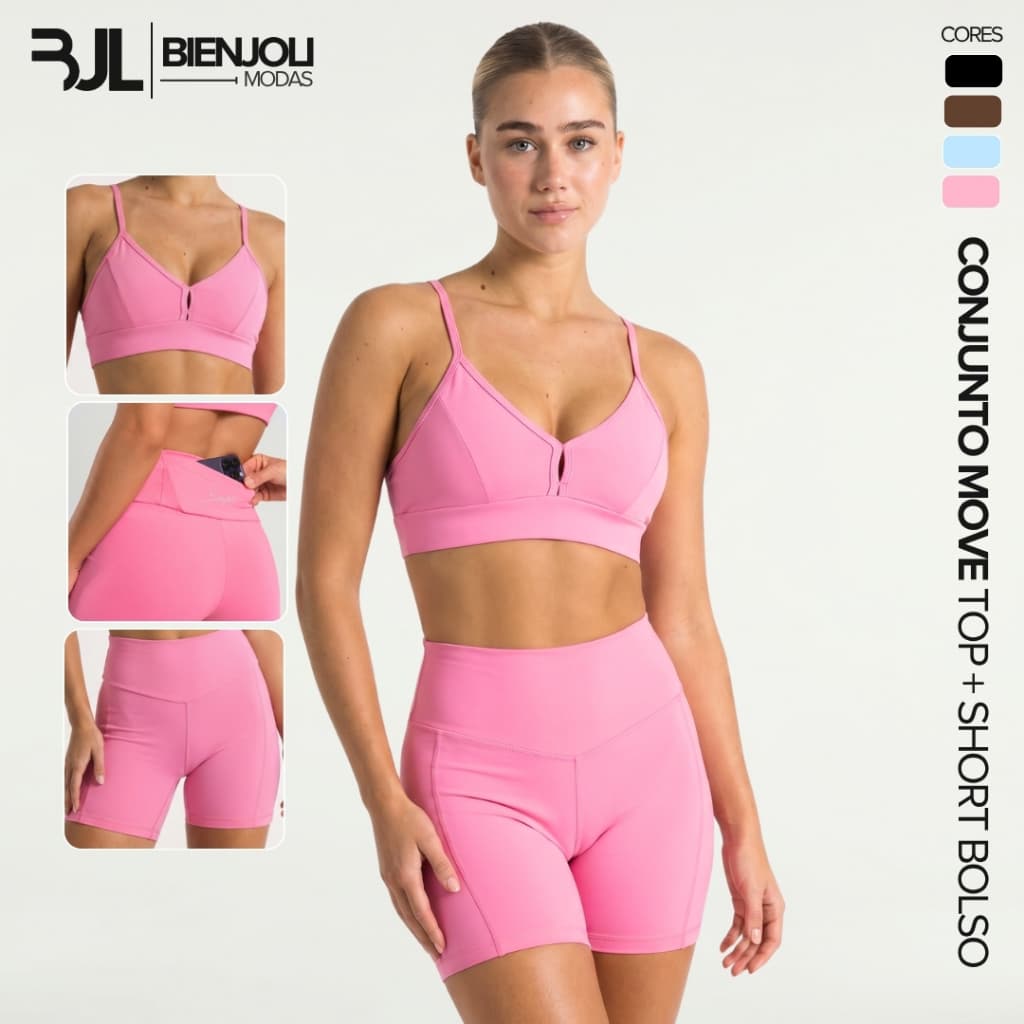 Conjunto Top e Short com Bolso Fitness Feminino Decote Academia Zero Transparência Treino Corrida
