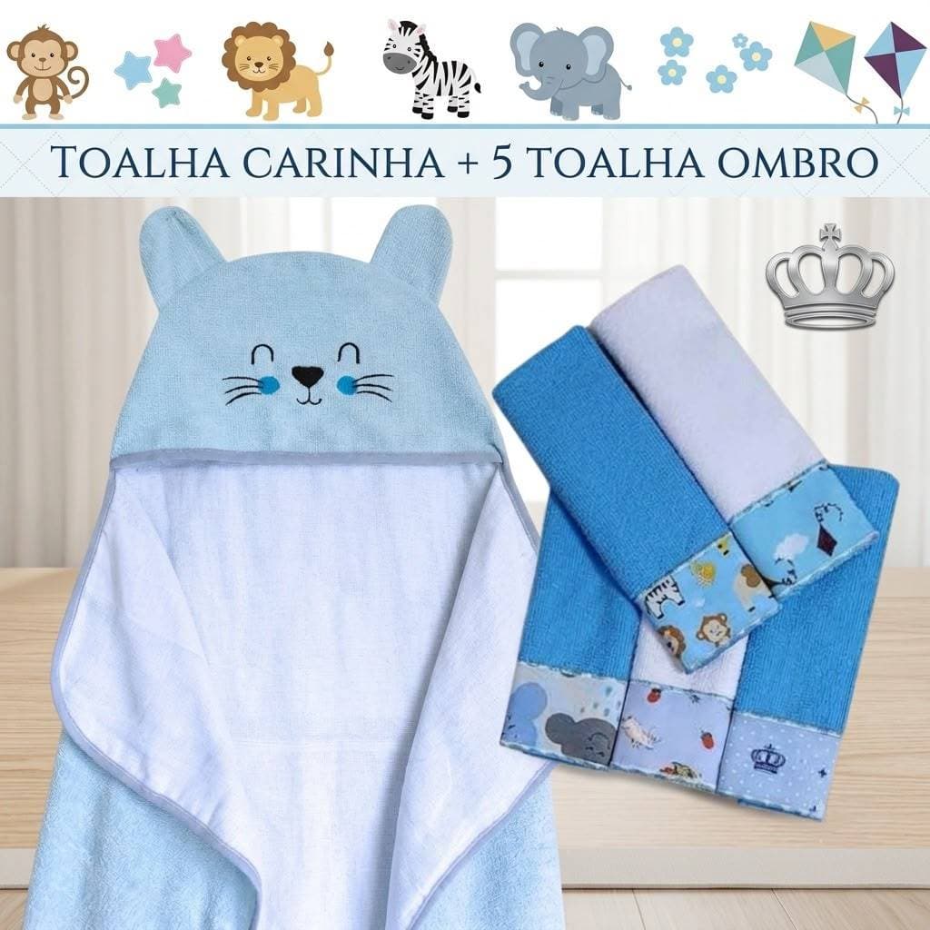 Kit Enxoval Bebê 6 Peças Toalha Capuz Carinha Bordada + 5 Toalhinhas Ombro Overloque