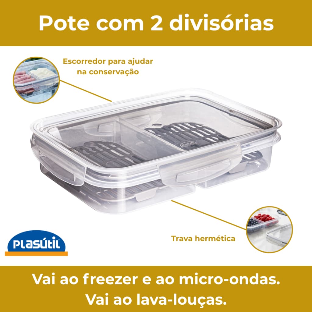 Pote Hermético 2 Divisórias Porta Frios com Escorredor 1 L