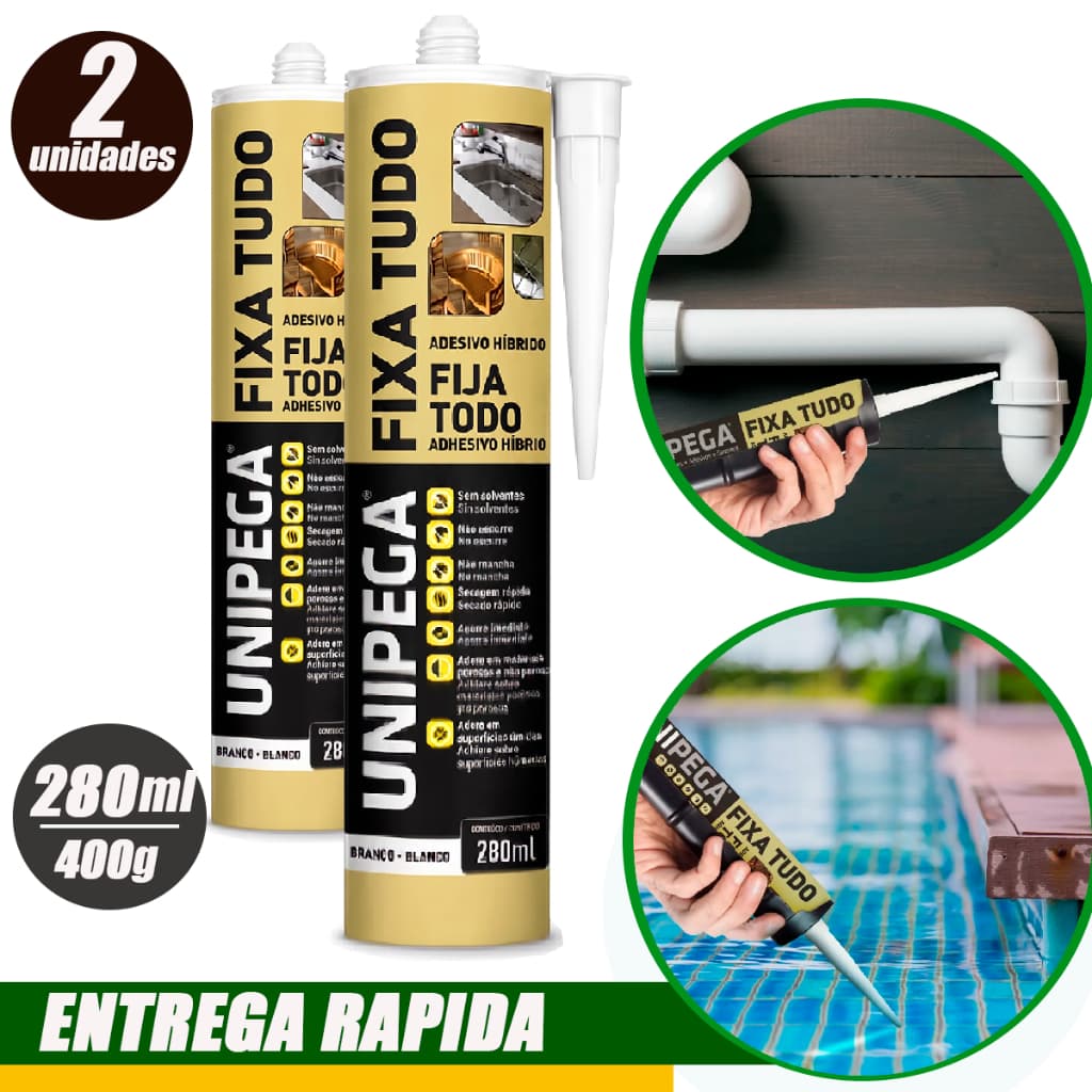 Kit com 2 Colas Fixa Tudo Alto Poder Adesão Até Debaixo D'água Branca 400g/280ml