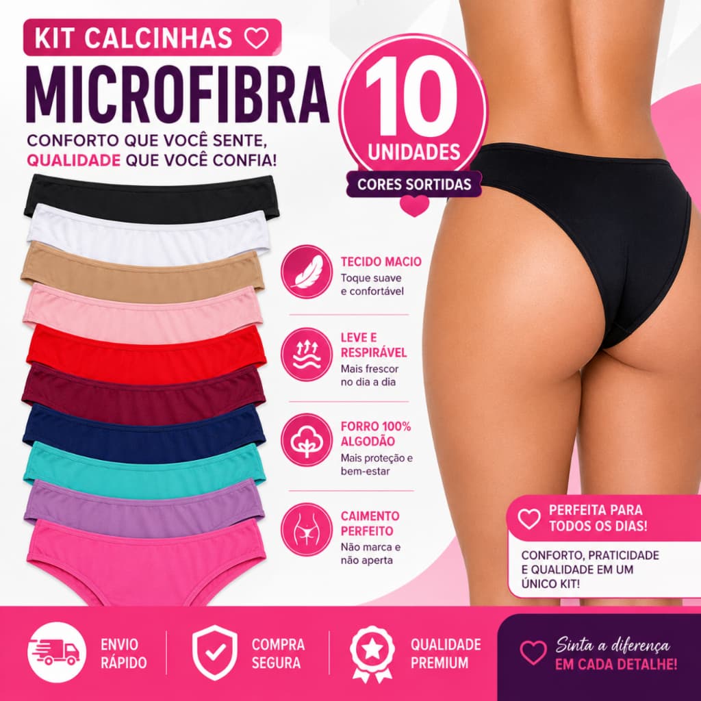 Kit 10 Calcinha Feminina Microfibra Leve e Respirável e Forro 100% Algodão