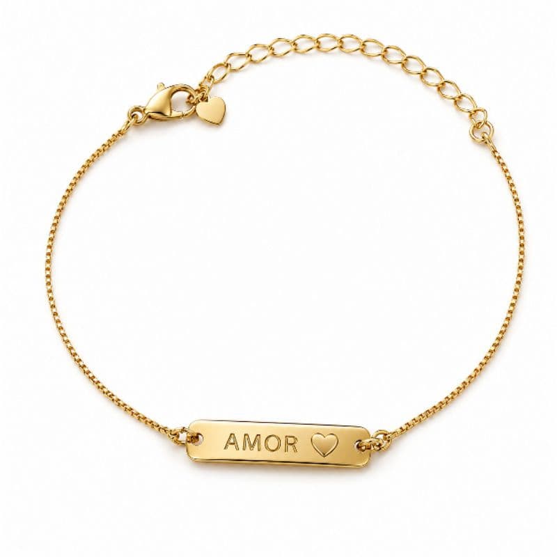 Pulseira Feminina Dourada AMOR Delicada com Plaquinha e Coração | Elegante e Romântica
