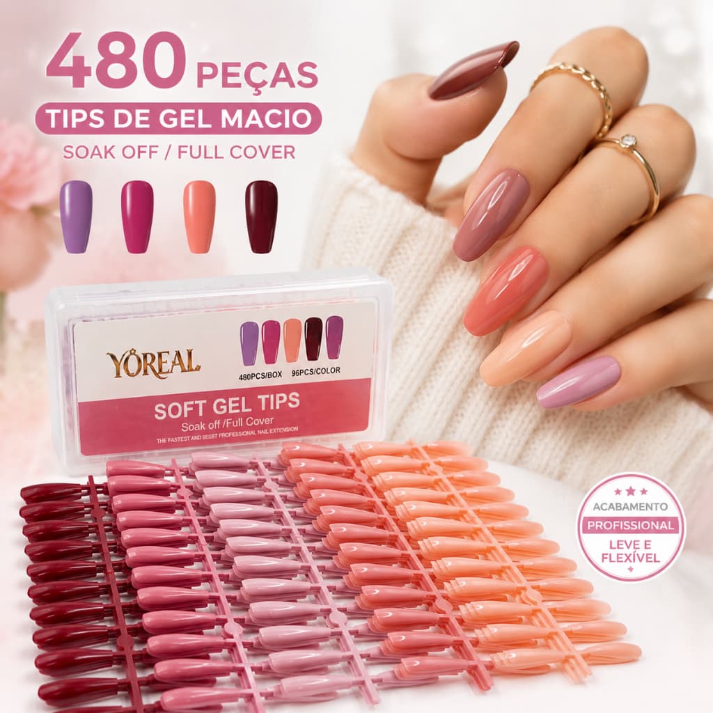 Kit 480 Unhas Soft Gel Fosco Bailarina Almond – Prontas Para Uso com Adesivo e Espátula