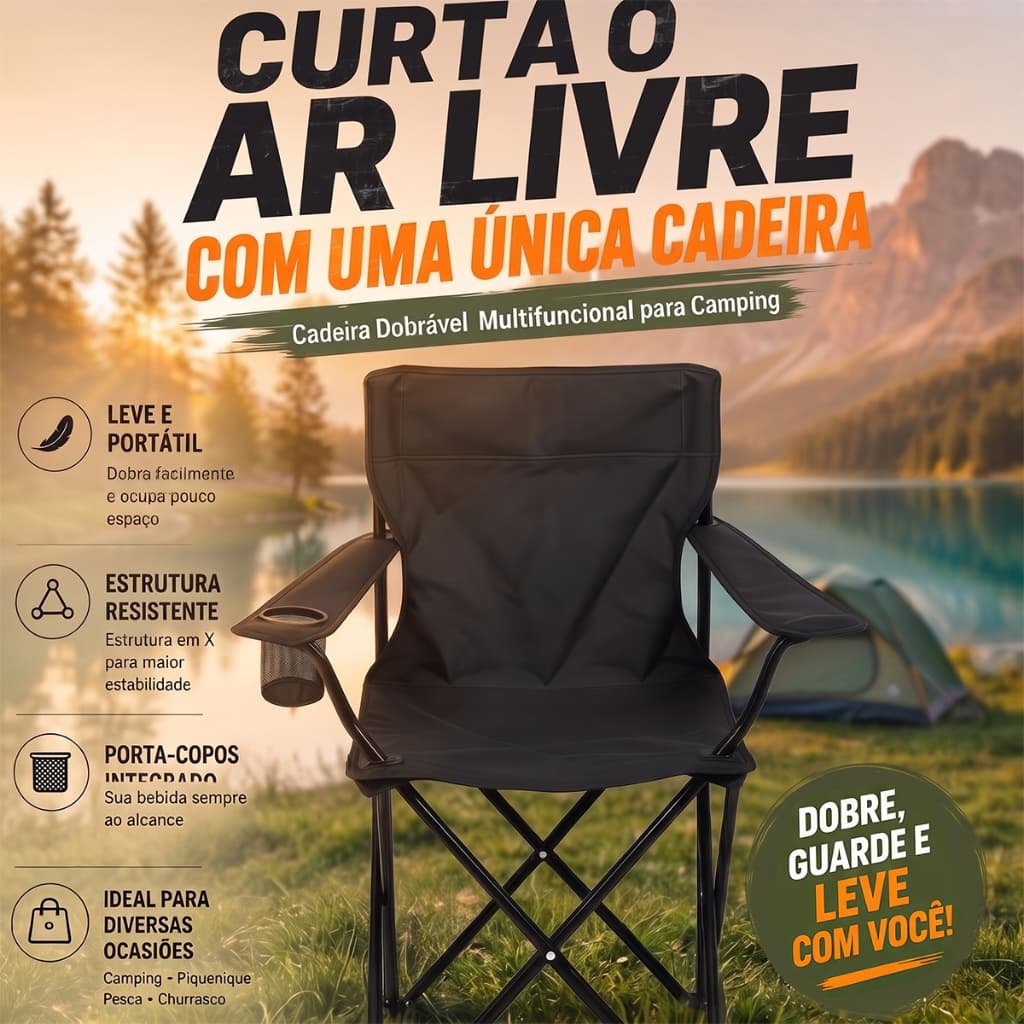 Cadeira de Camping Dobrável com Suporte de Copo Bolsa de Transporte Banqueta Pesca Camping Praia