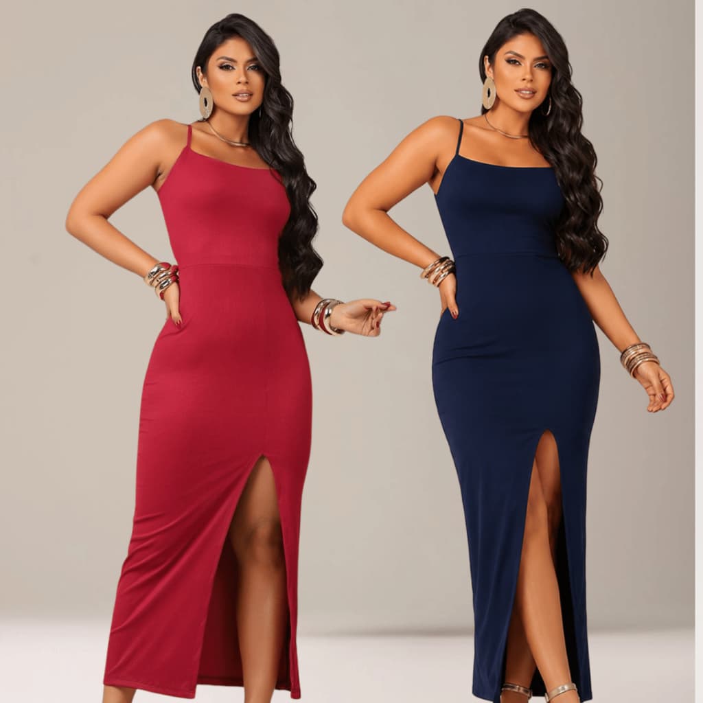 Vestido Feminino Longo Fenda Trançado Costas Nua Canelado Premium Moda Casual Festa