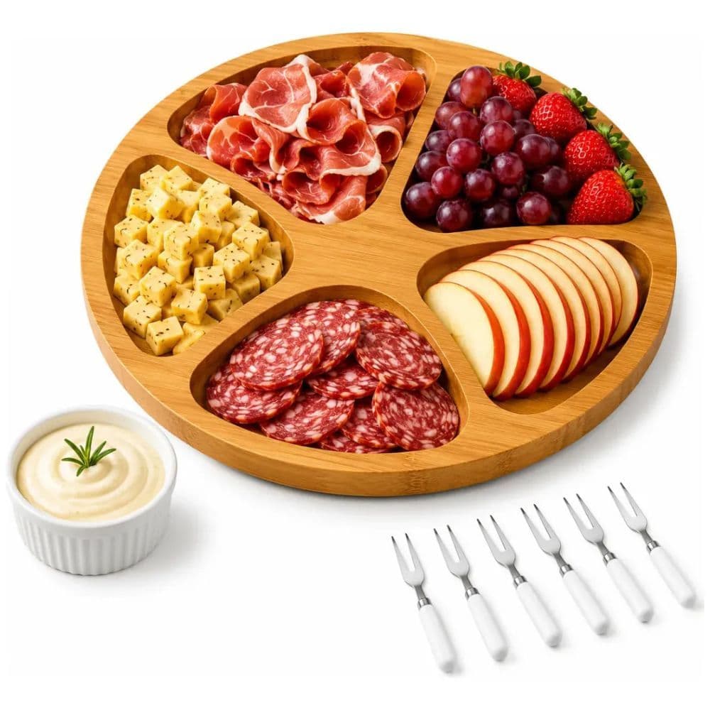 Kit Petisqueira Cozena com 5 Divisórias 6 Garfinhos e Molheira Ramekin para Servir Petiscos, Queijos e Frios