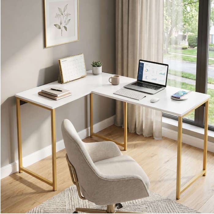 Mesa Escritorio em L Patrão Diretor Mega Athena / Home Office – Pés Dourado Industriais Mais Cores