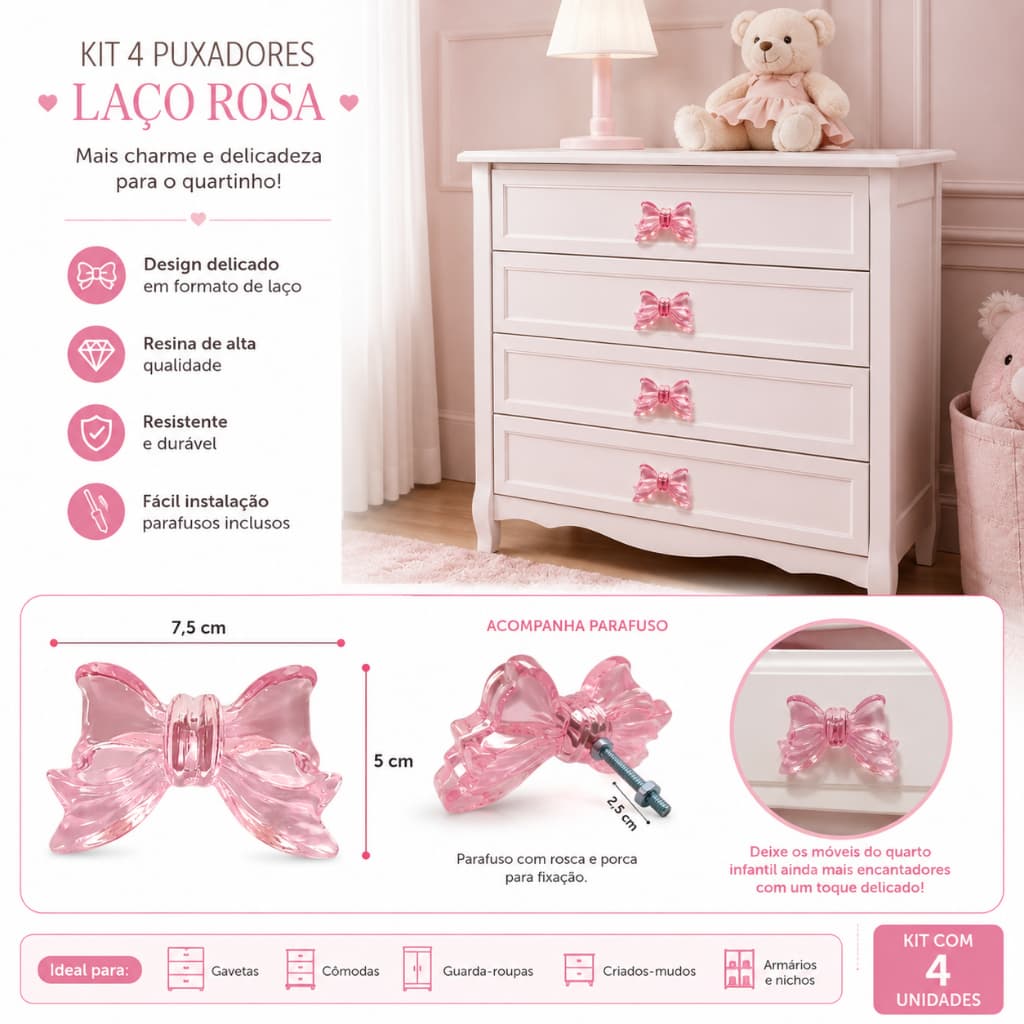 Kit puxadores de laço cor cristal ROSA CLARO quarto comoda movel