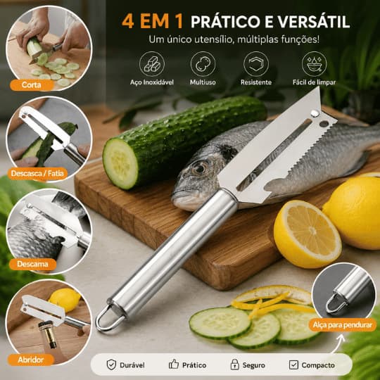 Faca Descascador Fatiador 4 em 1 Aço Inox Utensílios de Cozinha Multifuncional Abridor e Descamador