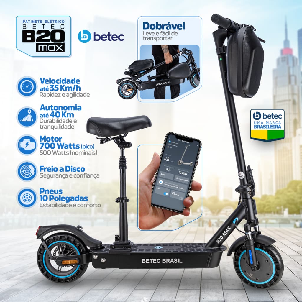 Patinete Elétrico Betec B20 MAX 35 Km/h 700W 40 Km 15Ah Suspensão Assento Bolsa App