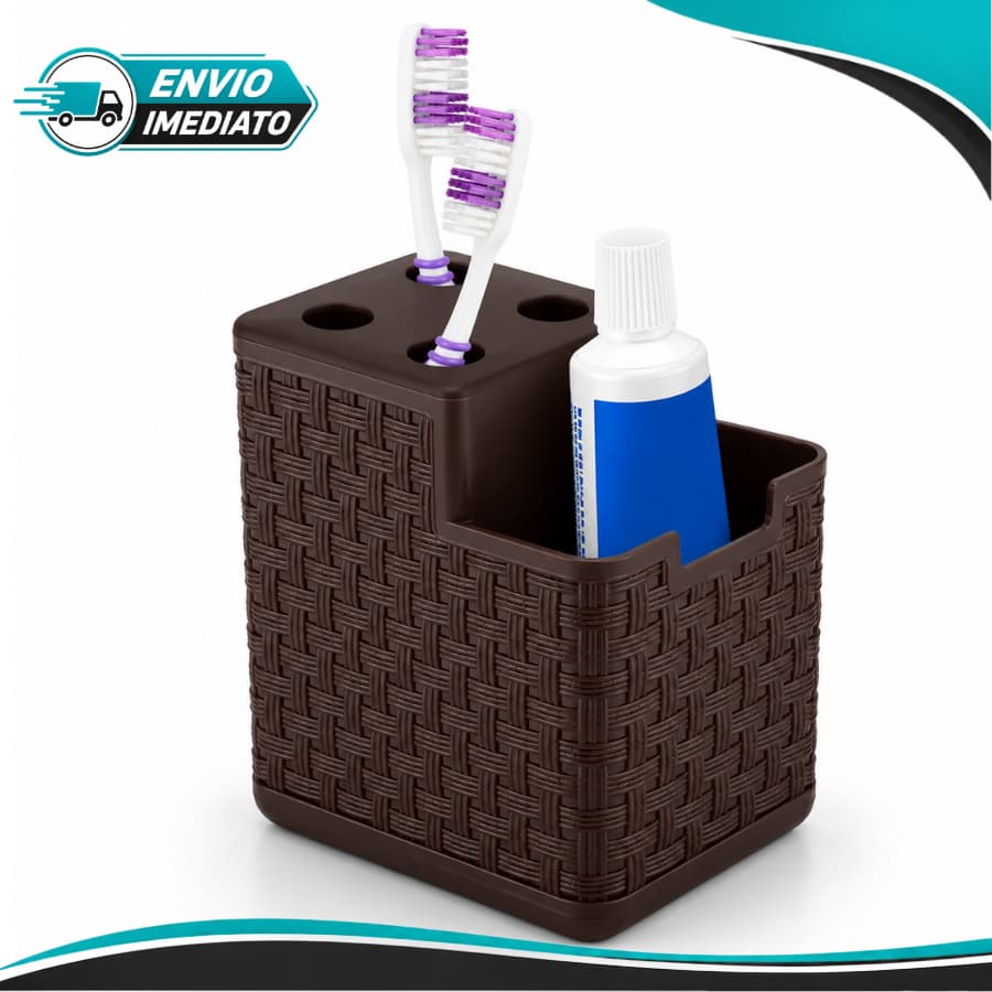 Porta Escova Dental Marrom Rattan de Plástico Funcional e Moderno