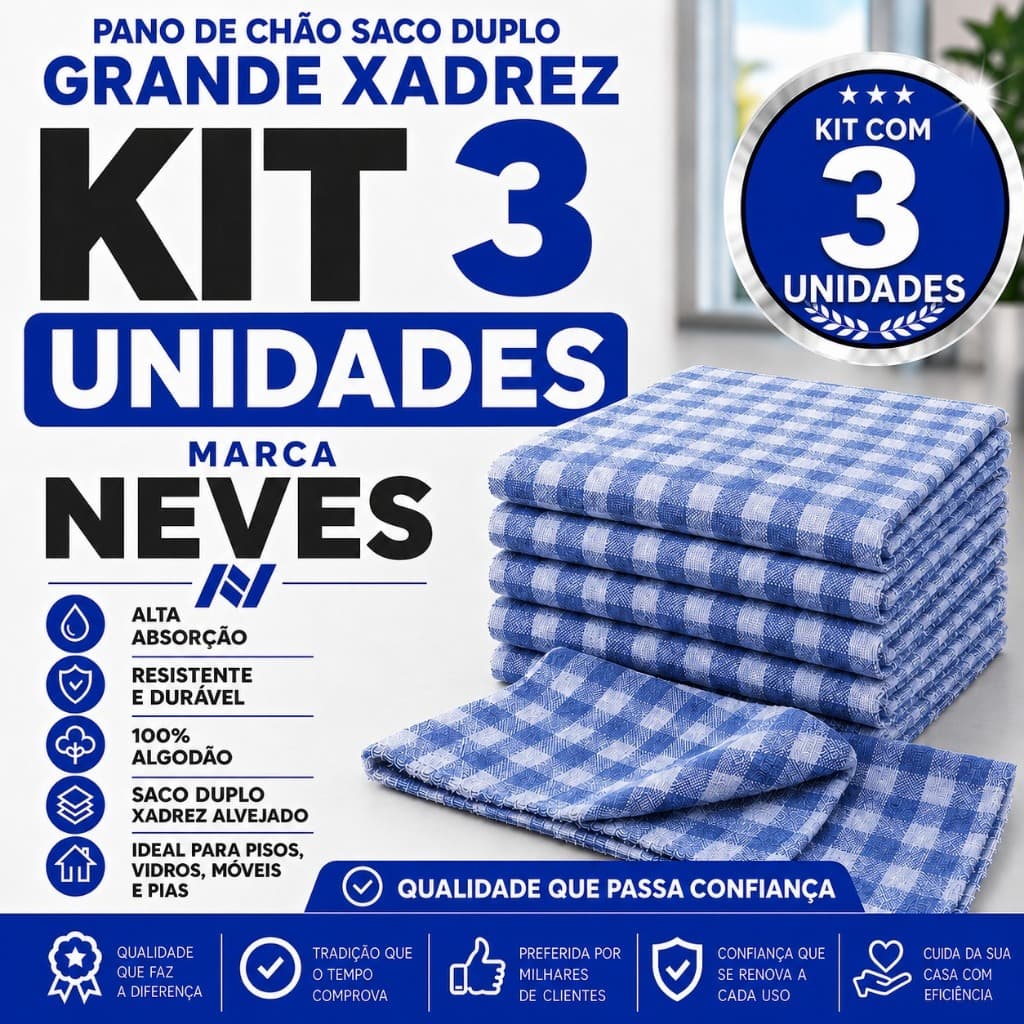 Kit com 3 Panos de Chão Grande 70x40cm - Saco Duplo Xadrez Azul Alvejado - Neves - Revenda - EV