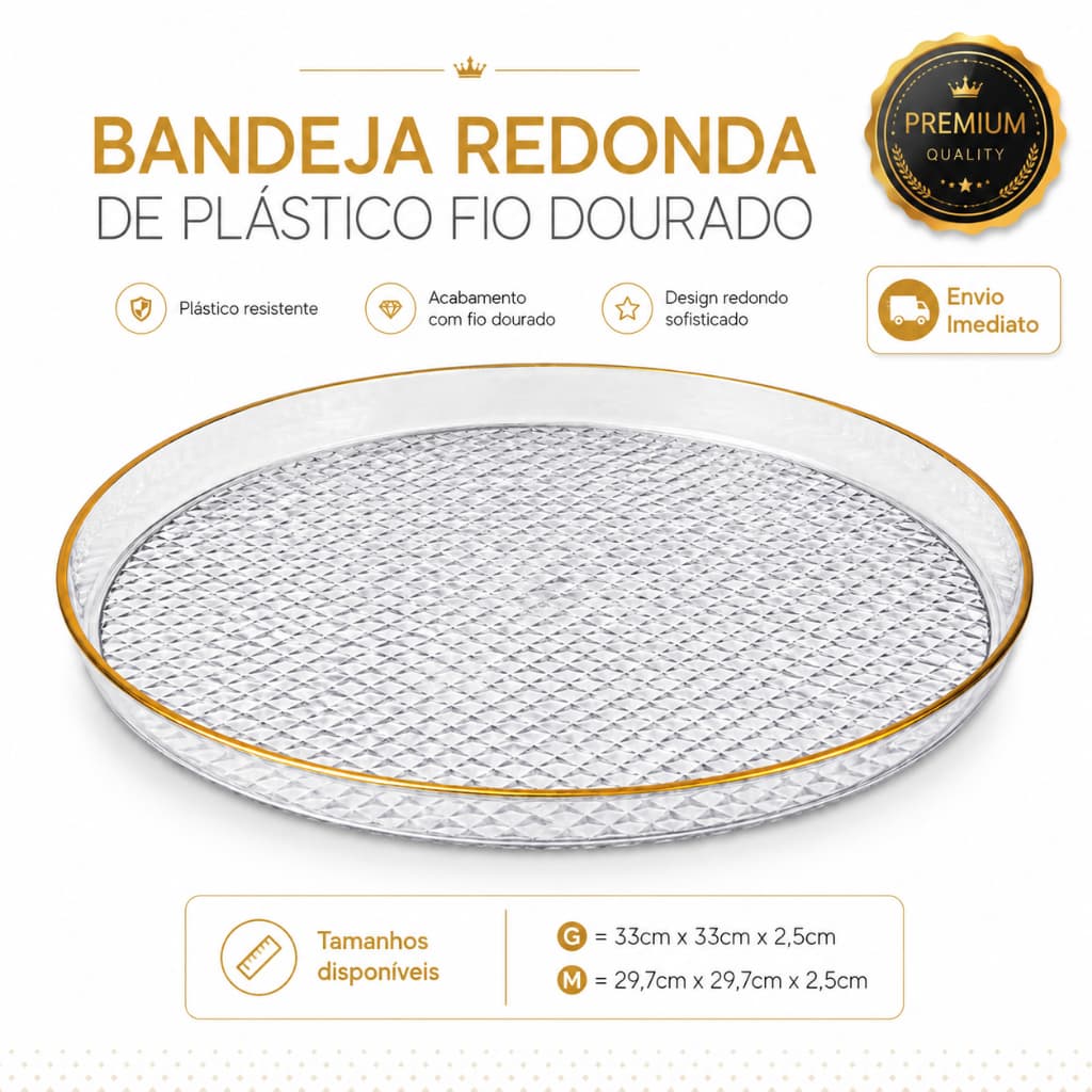 Bandeja Decorativa Redonda De Plastico Com Fio Dourado Tamanhos M E G Envio Imediato