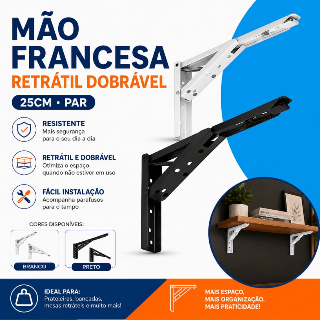 Suporte Mão Francesa Retrátil Reforçada 25cm Mesa Dobrável