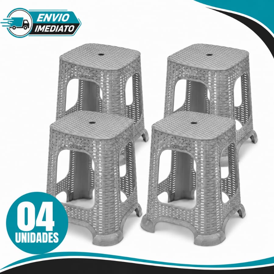 Kit 04 Banquetas de Plástico Rattan Premium Cinza Moderna Durável Resistente