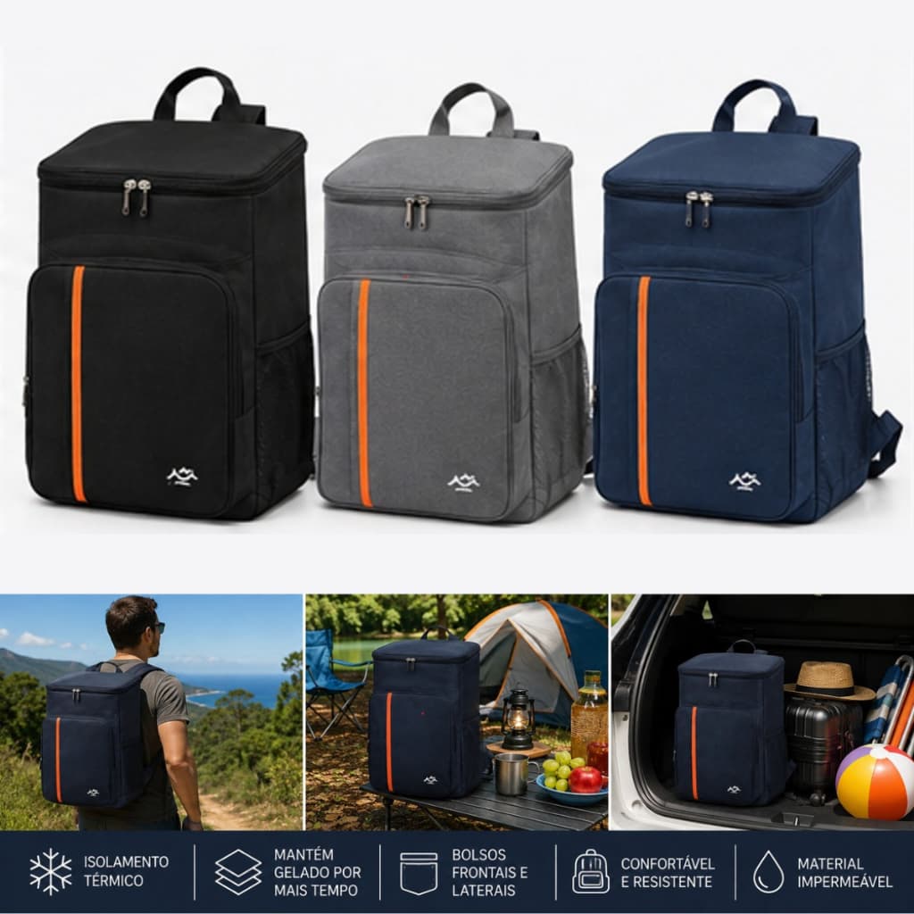 Mochila Térmica 30L para Camping e Piquenique Bolsa Térmica Grande com Bolsos Laterais Ideal para Praia e Viagem