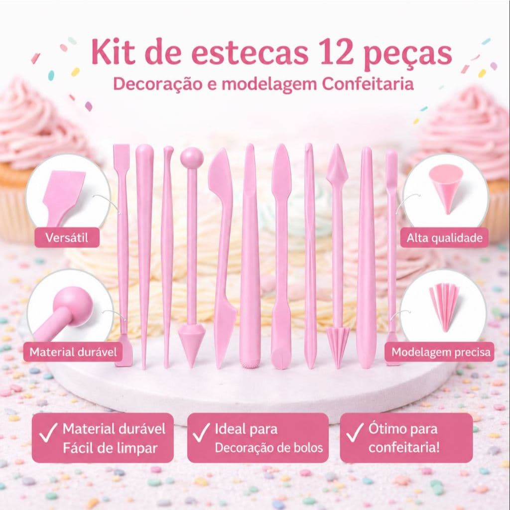 Kit Estecas 12 Peças Plástico para Confeitaria Pasta Americana Biscuit Decoração Bolos Modelagem - Rosa