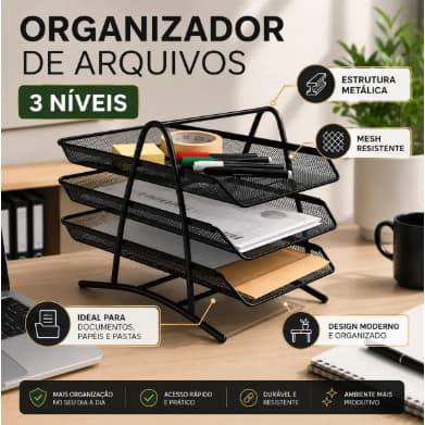 Suporte Organizador De Arquivos Documentos Papéis E Pastas A4 Com 3 Andares Bandejas De Metal Cor Preto Para Mesa