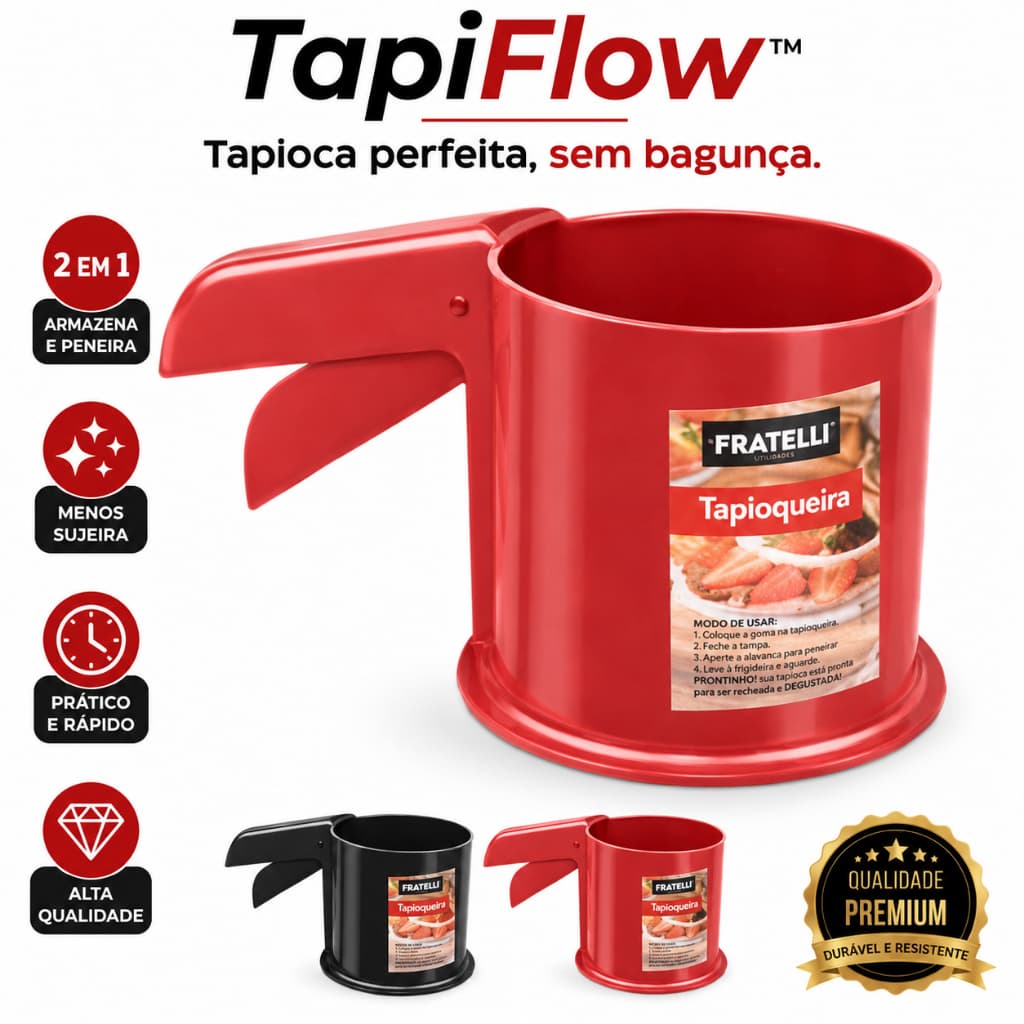 Tapioqueira Manual 2 em 1 TapiFlow™ com Peneira e Dispenser para Goma de Tapioca | Menos Sujeira e Desperdício