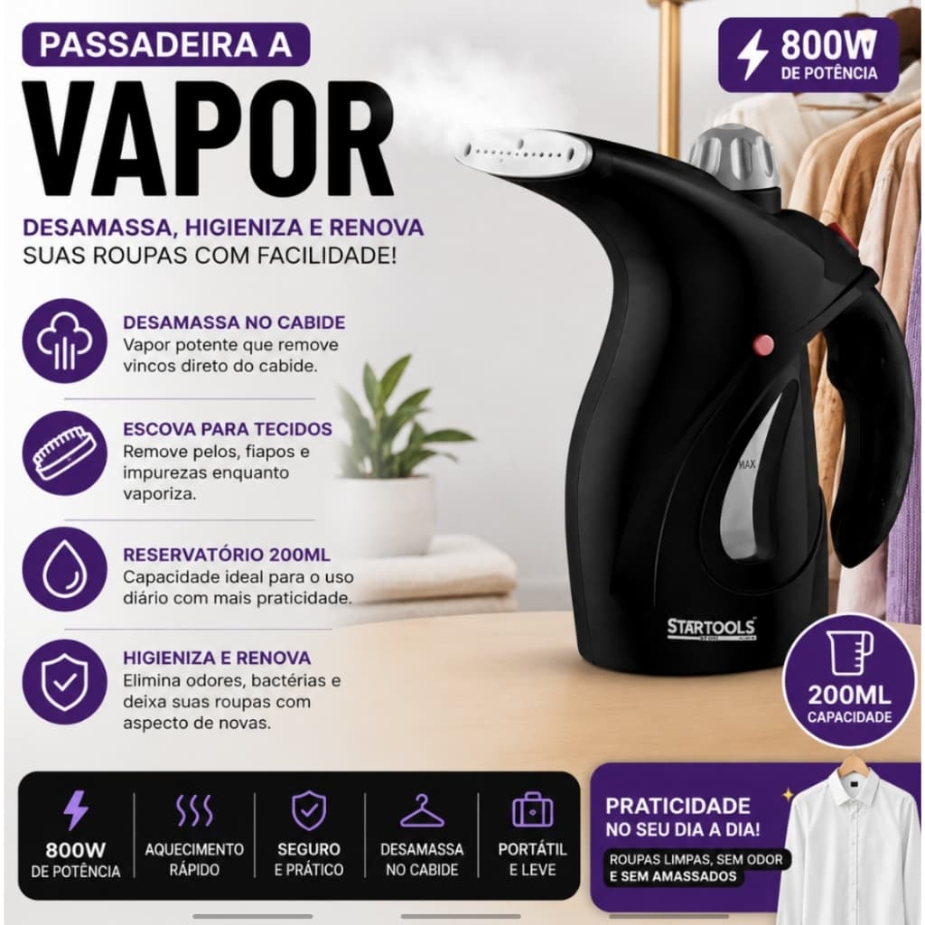 Vaporizador de Roupas 127V 800W Passadeira a Vapor Portátil 200ml Desamassa no Cabide Remove Pelos Escova para Tecidos
