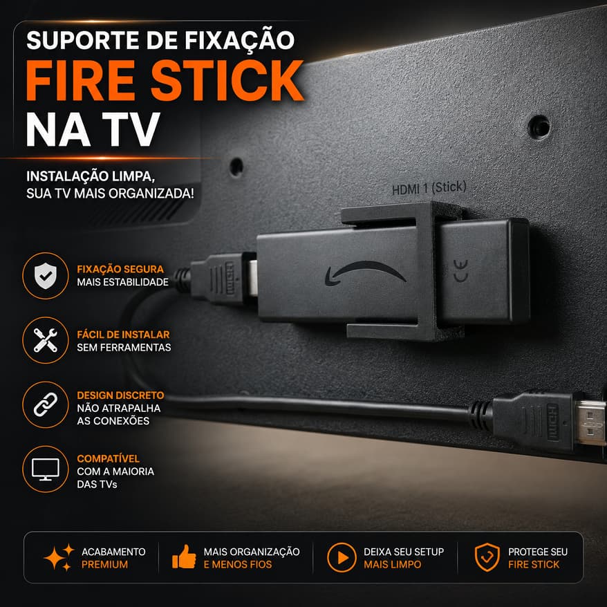 Suporte Fire TV Stick para TV Fixação Traseira Organizador Plástico Resistente