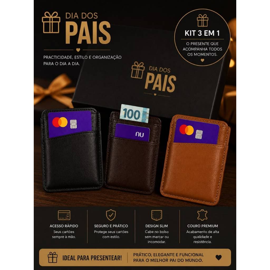 KIT 3 Carteira Porta Cartão Masculino Slim em Couro Sintético – Porta CNH, Cartões e Dinheiro | Compacto e Elegante