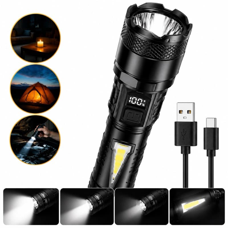 Lanterna Tática LED Recarregavel USB OSL + COB 4 Modos Alto Alcance 1Km Bateria Longa Duração Segurança Apagão Camping