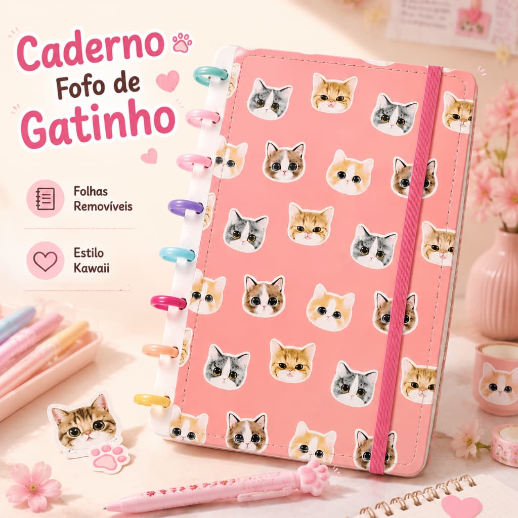 Caderno Inteligente Gatinho Fofo Kawaii com Folhas Removíveis Caderno de Anotações Criativo para Estudos Escola Escritór