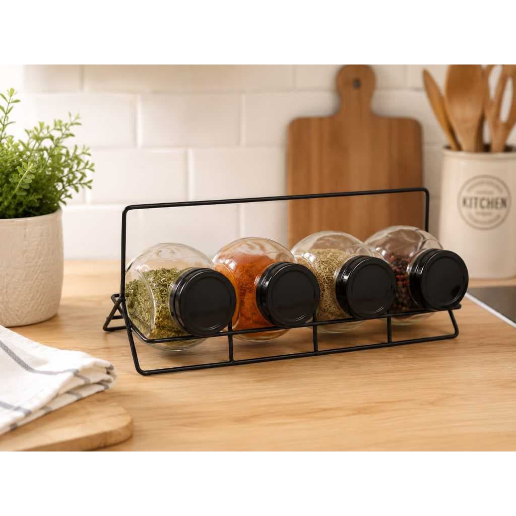 Porta Condimentos com Suporte Aramado 4 Potes de Vidro Organizador de Temperos