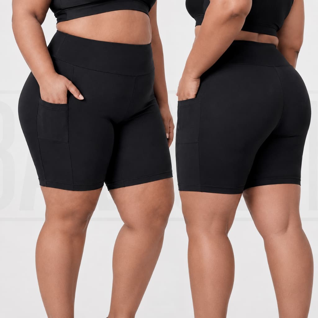 Kit 2 Shorts Com Bolso Meia Coxa Plus Size Feminino Suplex Cintura Alta Academia