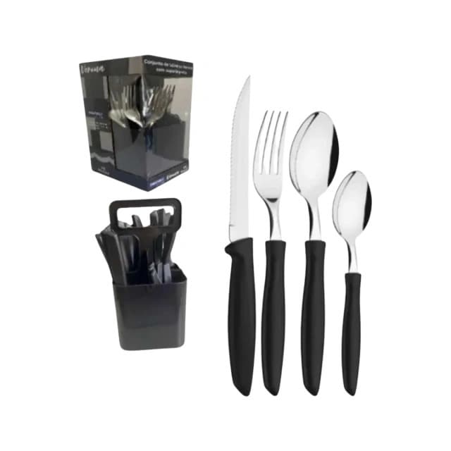 Jogo 25 Talheres Verona Faqueiro Inox C/ Suporte Para Talher Cor Preto