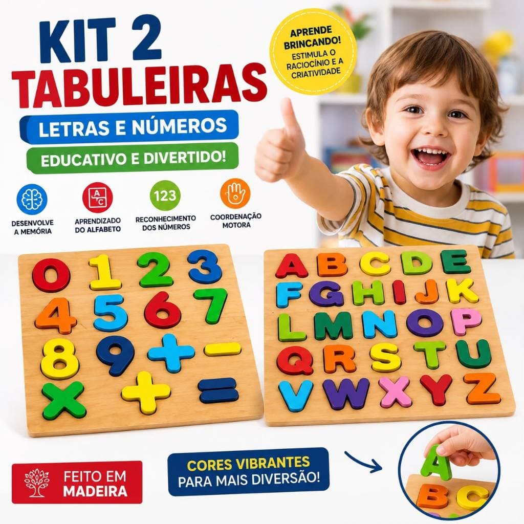 Kit Tabuleiros Madeira Educativo Letras Números Alfabeto Montessori Brinquedo Infantil Didático