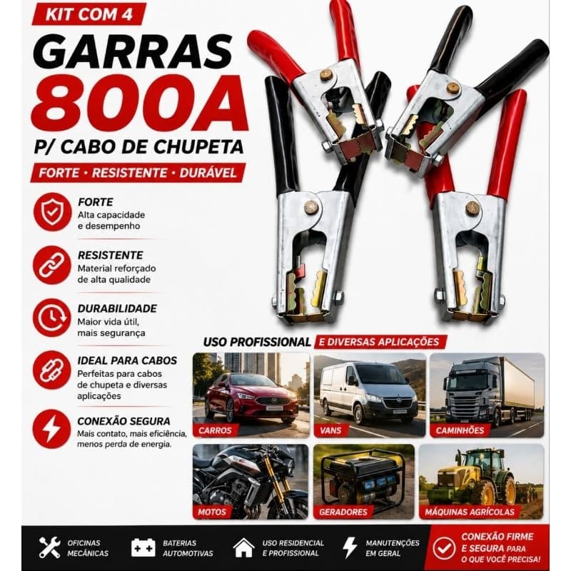 Garra Jacaré 800A para Cabos de Chupeta kit com 4 – Alta Qualidade e Durabilidade