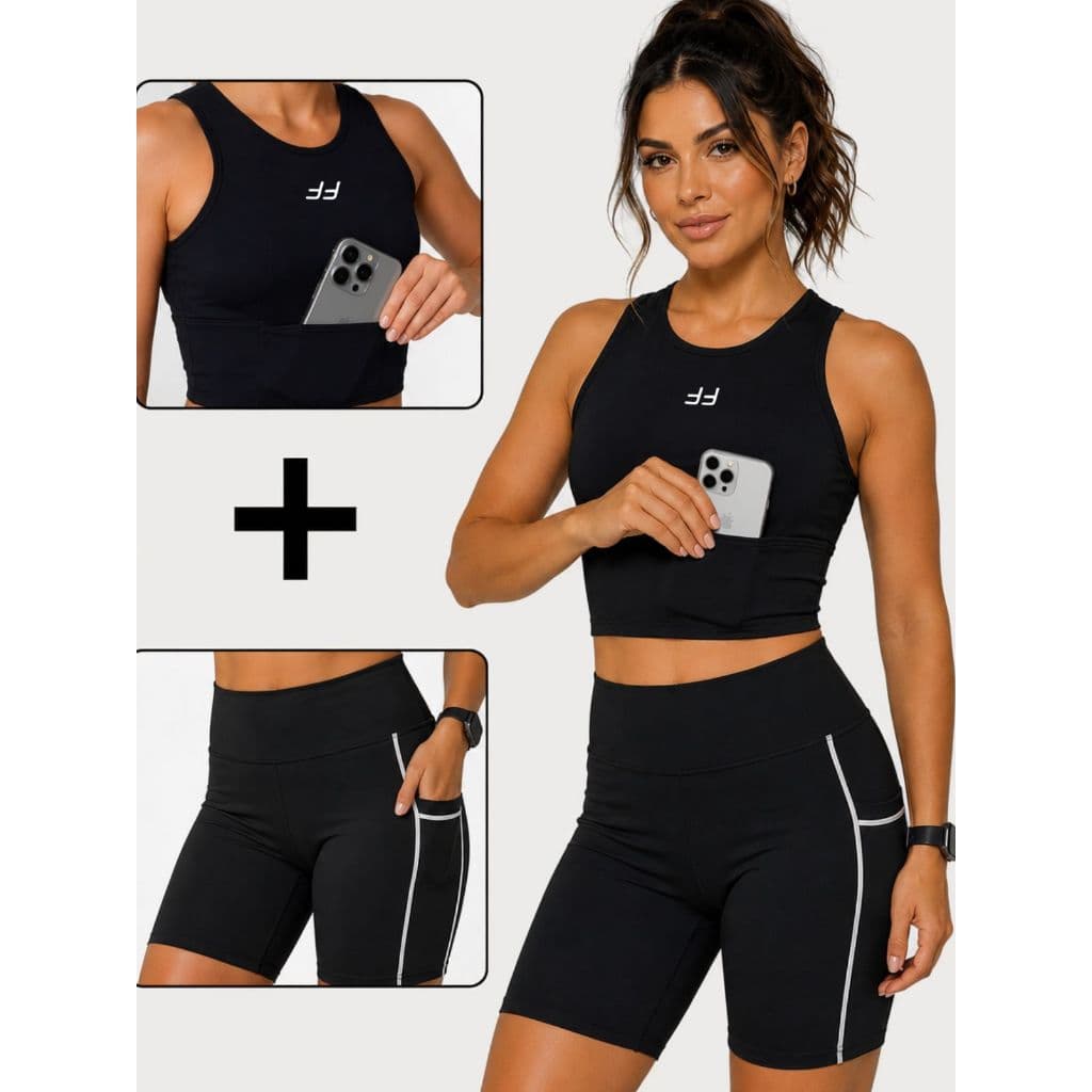 Conjunto Fitness Feminino Suplex Top Bolso Celular Short Bolso Academia Corrida Alta Compressão