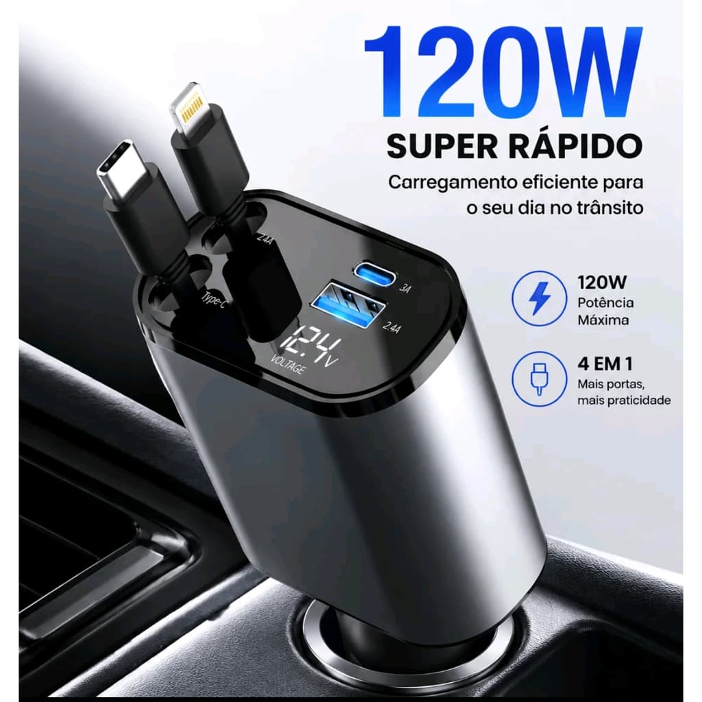 Carregador de carro retrátil carregador rápido de para carro 4 em 1 para iPhone/Android