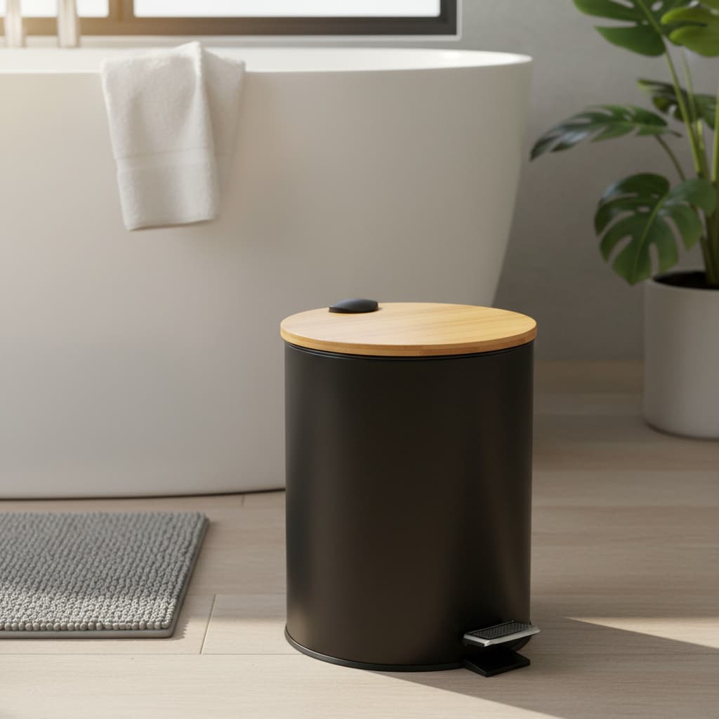 Lixeira Banheiro Lavabo Quarto Cozinha Lixeira Pedal e Tampa Bambu e Preta 5l Luxo Balde Interno acessórios banheiro