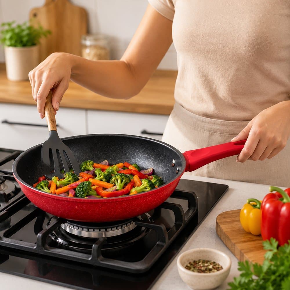 Frigideira Antiaderente Nanocerâmica 20cm Vermelha Sem PFOA Cabo Soft Touch Indução Fogão Cozinha Gourmet Premium Duráve
