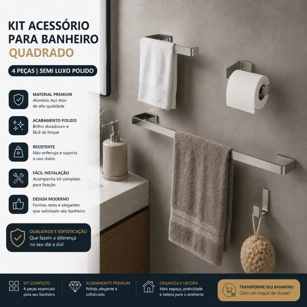 Kit Acessórios Banheiro 4 Peças Quadrado Alumínio Premium