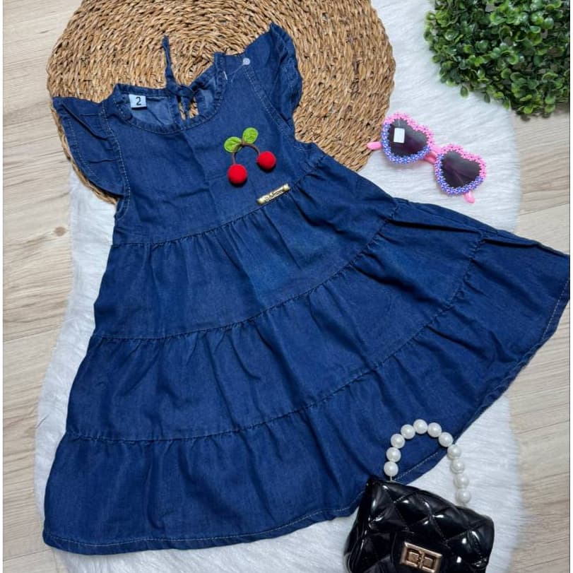 Vestido Jeans Molinho Cerejinha Meninas 02 ao 10 anos